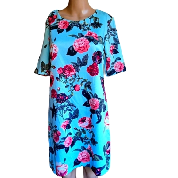 👗📏CeCe Woman's Blue Floral Sheath Dress Boat Neckline Knee Length Size Small - Picture 8 of 10